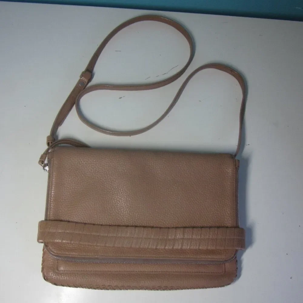 Allsaints Club Medium Clutch Crossbody Purse Tan Pebbled Leather